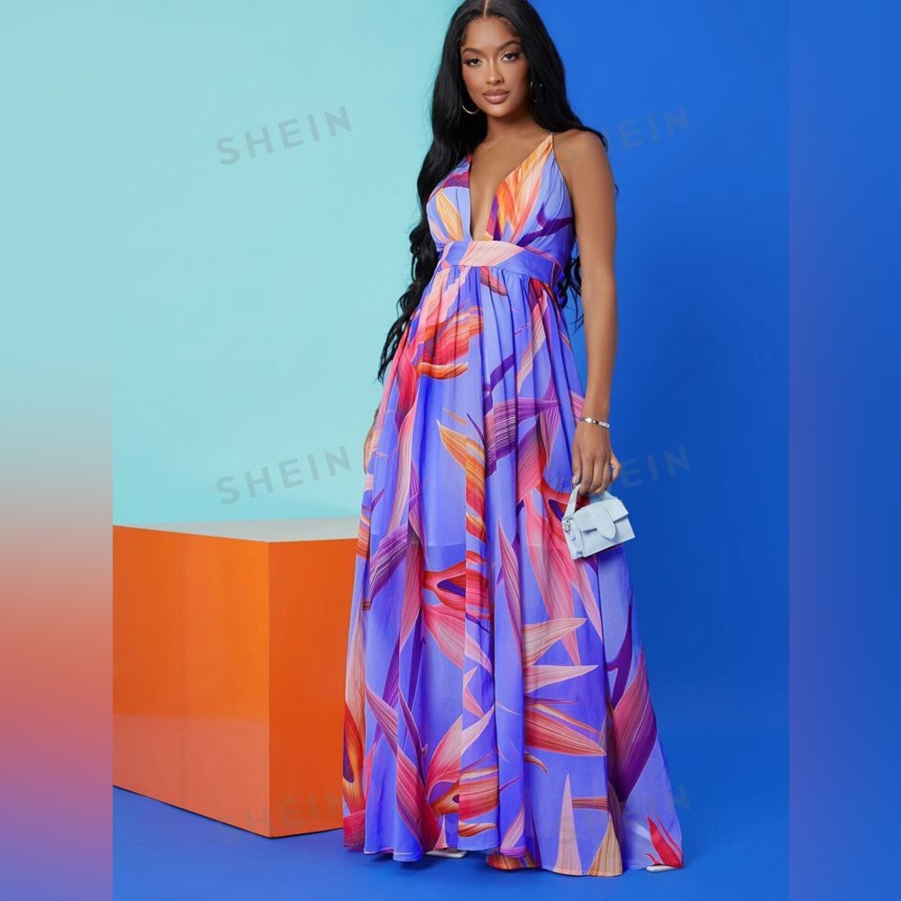 SHEIN Birds Of Paradise Floral Open-Back Maxi Long Women Dress